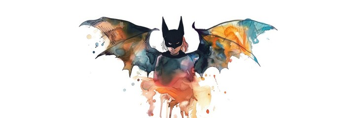 Watercolor girl with bat wings Small witch Teenager Halloween horror party