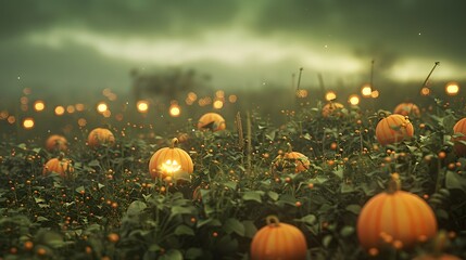 3d render of a pumpkin patch at night on a pastel green background, no peaple