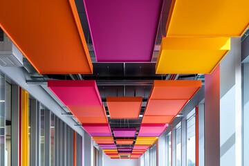 A ceiling with suspended acoustic baffles in vibrant colors, enhancing both aesthetics and acoustics.