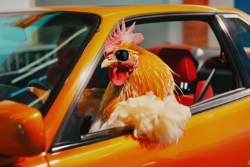 Whimsical image featuring a rooster wearing stylish sunglasses while sitting behind the wheel of a classic orange car, exuding confidence and humor in an urban setting