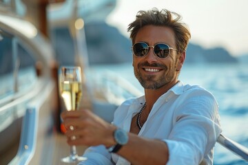 Cheerful, welldressed man with stylish sunglasses holds a glass of champagne aboard a luxury yacht, basking in the warm glow of a sunset, exemplifying success and a lavish lifestyle