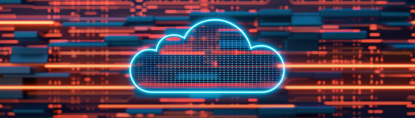 Poster - Digital illustration of a glowing cloud icon over a dark background with dynamic data streams. Perfect for technology and cloud computing themes.