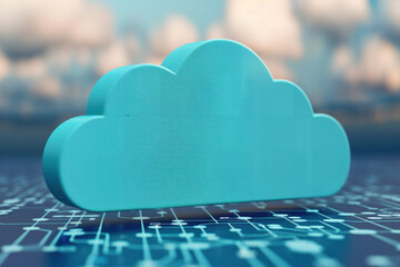 Poster -  illustration of a blue cloud icon on a digital circuit board background, representing cloud computing and technology solutions.