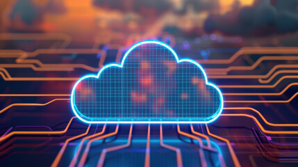Aufkleber - futuristic digital cloud computing concept with electronic circuit, glowing lines, and a vibrant ora