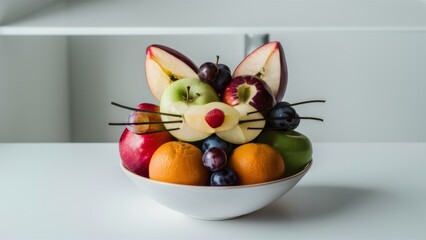 Poster - A bowl of fruit arranged in the shape of a cat's face, AI