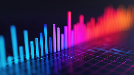 Poster - A vibrant and futuristic data visualization with gradient neon bar graphs on a dark grid background showcasing analytics and technology.