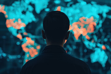 Poster - Person analyzing a digital world map with illuminated data points, representing global connections, technology, and data analytics.