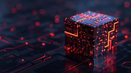 Poster - Futuristic glowing cube with circuit patterns symbolizing advanced technology and digital innovation. Perfect for tech-related visuals and concepts.