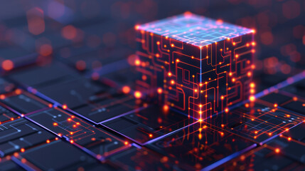 Poster - Futuristic glowing cube with circuit patterns on dark neon background, representing technology, innovation, and digital advancement.