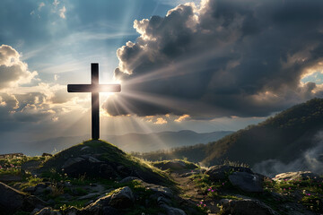 Poster - holy cross symbolizing the death and resurrection of jesus christ with the sky over golgotha hill is shrouded in light and clouds