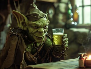 Wall Mural - Goblin enjoying a glass of beer in a dimly lit medieval tavern