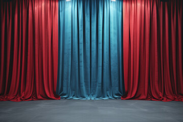 Wall Mural - Closed blue and red curtains on a stage, symbolizing the start or end of a theatrical performance. Suitable for concepts of theater, drama, and events.