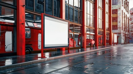 Poster - Bus station with blank banner on a street and red geotag or map pin  red building is on background.