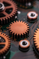 Poster - Close-up of copper gears on a green circuit board, showcasing the integration of mechanical and electronic components in modern technology.
