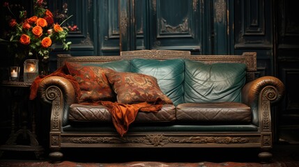 a couch with many different colored pillows on it and a dark background.