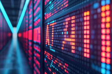 Poster - Abstract visualization of big data processing in a futuristic server room with vibrant red and blue LED lights illuminating endless rows of servers.