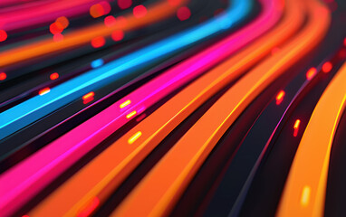 Poster - Abstract image showcasing colorful neon lines and dots on a dark background creating a dynamic, futuristic and vibrant composition.