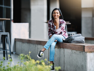 Poster - Girl, college student and smile for portrait, outdoor or education with bag, break and campus in city. Indian person, happy and relax with backpack, learning or development for future at university