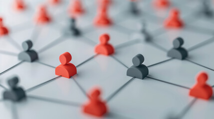 Poster - Red and black  human icons connected by lines, representing social network, teamwork, communication, and connection in a conceptual network design.