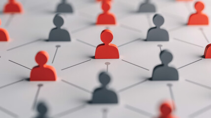 Poster - Illustration of a network with interconnected red and black human figures, signifying communication and teamwork in modern business and digital environments.