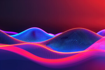 Poster - Vibrant abstract digital landscape with flowing neon waves in red and blue hues, creating a futuristic and dynamic visual for creative design projects.