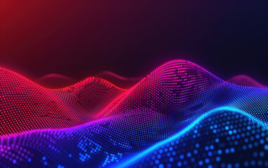 Poster - vibrant digital landscape with neon light waves, abstract dots and glowing grid. futuristic technolo