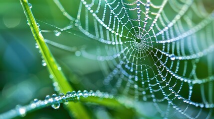 Nature's Artistry: Detailed Spider Web on Dewy Morning Grass