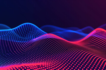 Poster - abstract digital landscape with glowing blue and red dots forming dynamic waves on a dark background