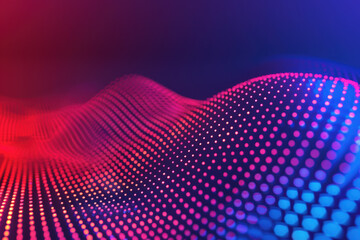 Poster - Vibrant abstract digital wave background with glowing dots in various shades of red, blue, and pink. Perfect for tech, futuristic, and modern designs.