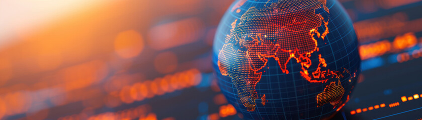 Poster - A vibrant digital globe illuminated with orange lights representing data connections and global networks on a blurred background.