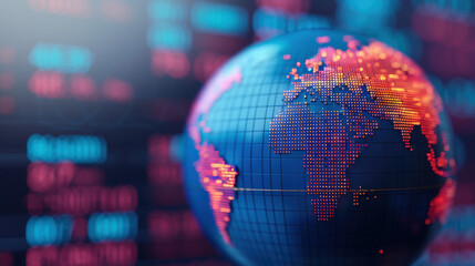 Poster - Illuminated digital globe with glowing world map, showcasing global connectivity and technology amidst a backdrop of financial data and stock market trends.
