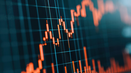 Poster - Close-up of a stock market graph demonstrating fluctuating trends and financial data analysis on a blue background, ideal for investment-related content.