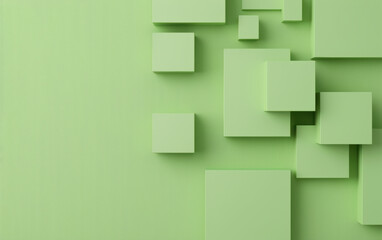 Poster - Abstract geometric green cubes on a lime green background, showcasing a minimalist design with various cube sizes creating a  depth illusion.