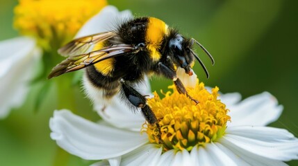 Wall Mural - A yellow and black bumblebee perched on a white flower, its long tongue sipping nectar.