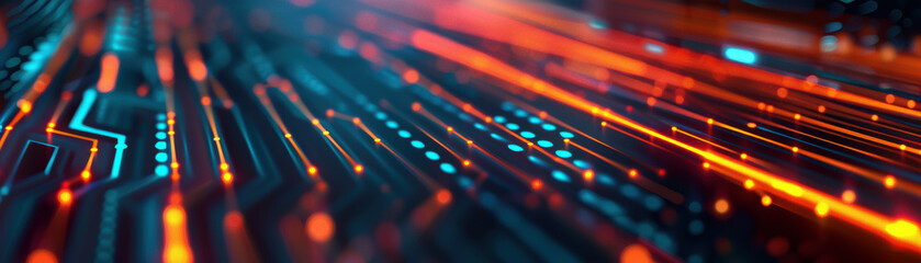 Close-up of a futuristic circuit board with glowing lines and nodes, symbolizing advanced technology and digital innovation.