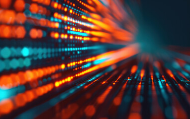 Poster - Abstract futuristic background with glowing red and blue lines of dots creating a dynamic light effect. Suitable for tech and digital concepts.