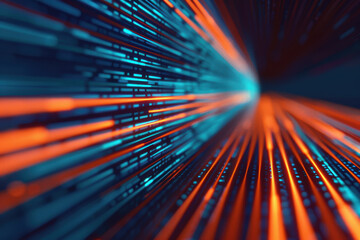 Poster - Colorful abstract background with dynamic orange and blue lines creating a futuristic light trail effect and sense of motion.