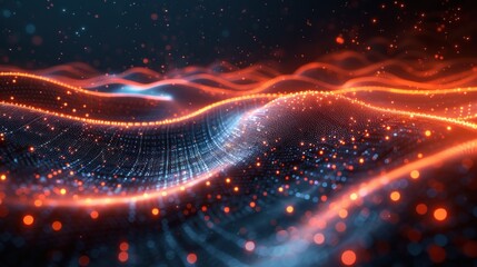 Fototapete - Glowing orange and blue particles form a futuristic landscape of rolling hills