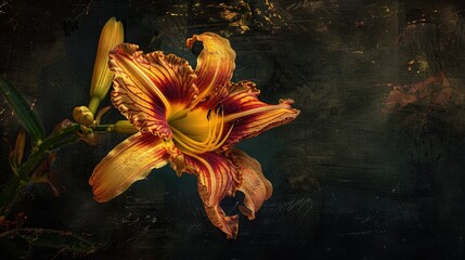 Daylily flower close up with vibrant yellow and red colors on dark background detailed texture in vintage painting style