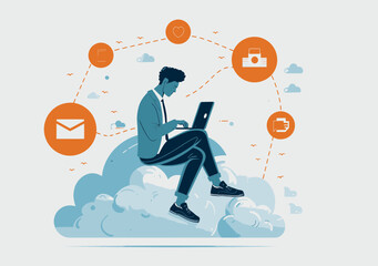 Poster - Businessman Working on Cloud Computing Backup Concept, Networking and Data Storage, Modern Technology, Remote Work Illustration, Daytime