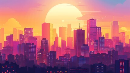 Sticker - A colorful cityscape silhouette with a sunset.