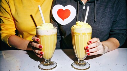 Wall Mural - two friends sharing a milkshake, with a heart symbol above them