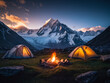© Дмитрий Бабенко - Two tents set up in front of snowy mountains at sunset