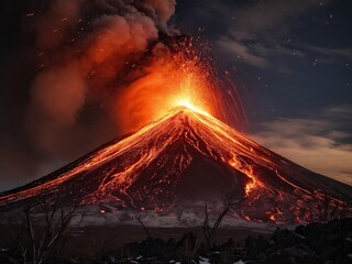 Wall Mural - Erupting volcano at night with lava flow and smoke