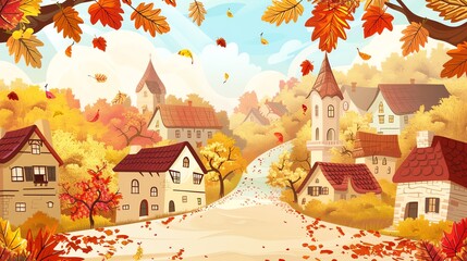 Canvas Print - A cartoon illustration of a village during fall.