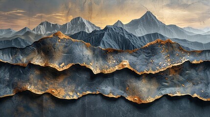 Wall Mural - Three-dimensional stucco molding with waterfalls and mountains: A stucco molding on a concrete wall