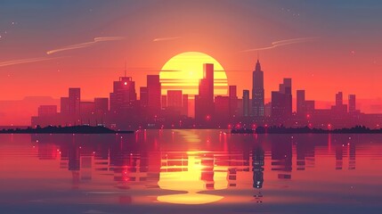 Poster - A city skyline silhouetted against a sunset with a lake in the foreground.