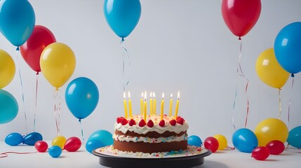 birthday cake with candles and balloons