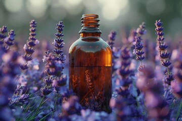 Canvas Print - A close-up of a dark brown glass bottle containing lavender oil, surrounded by blooming lavender plants in a field at sunset