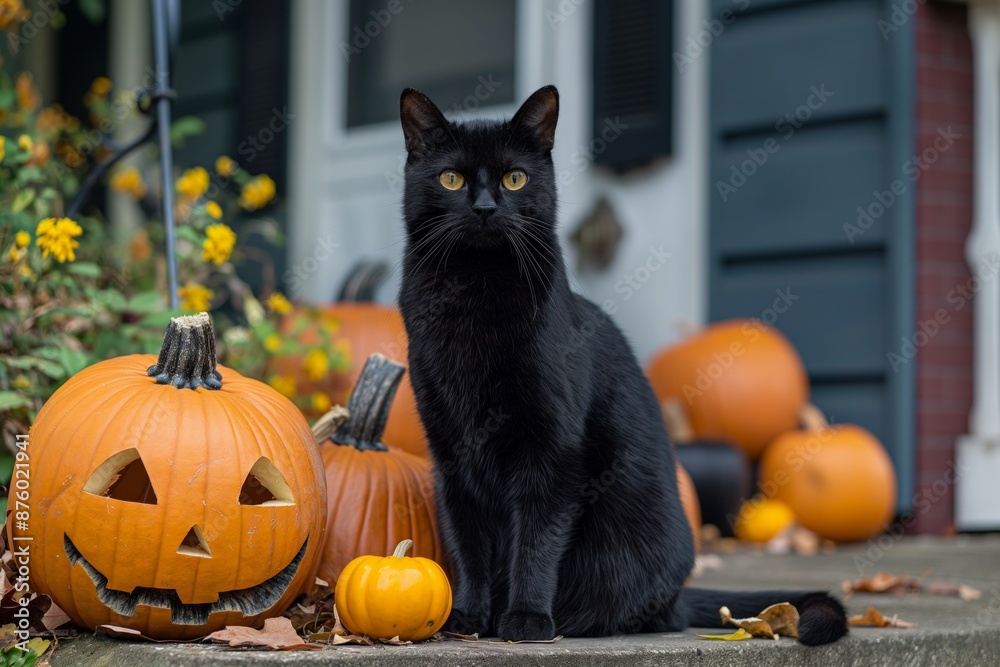 Charming black cat seated next to Halloween pumpkins on a leaf covered ...